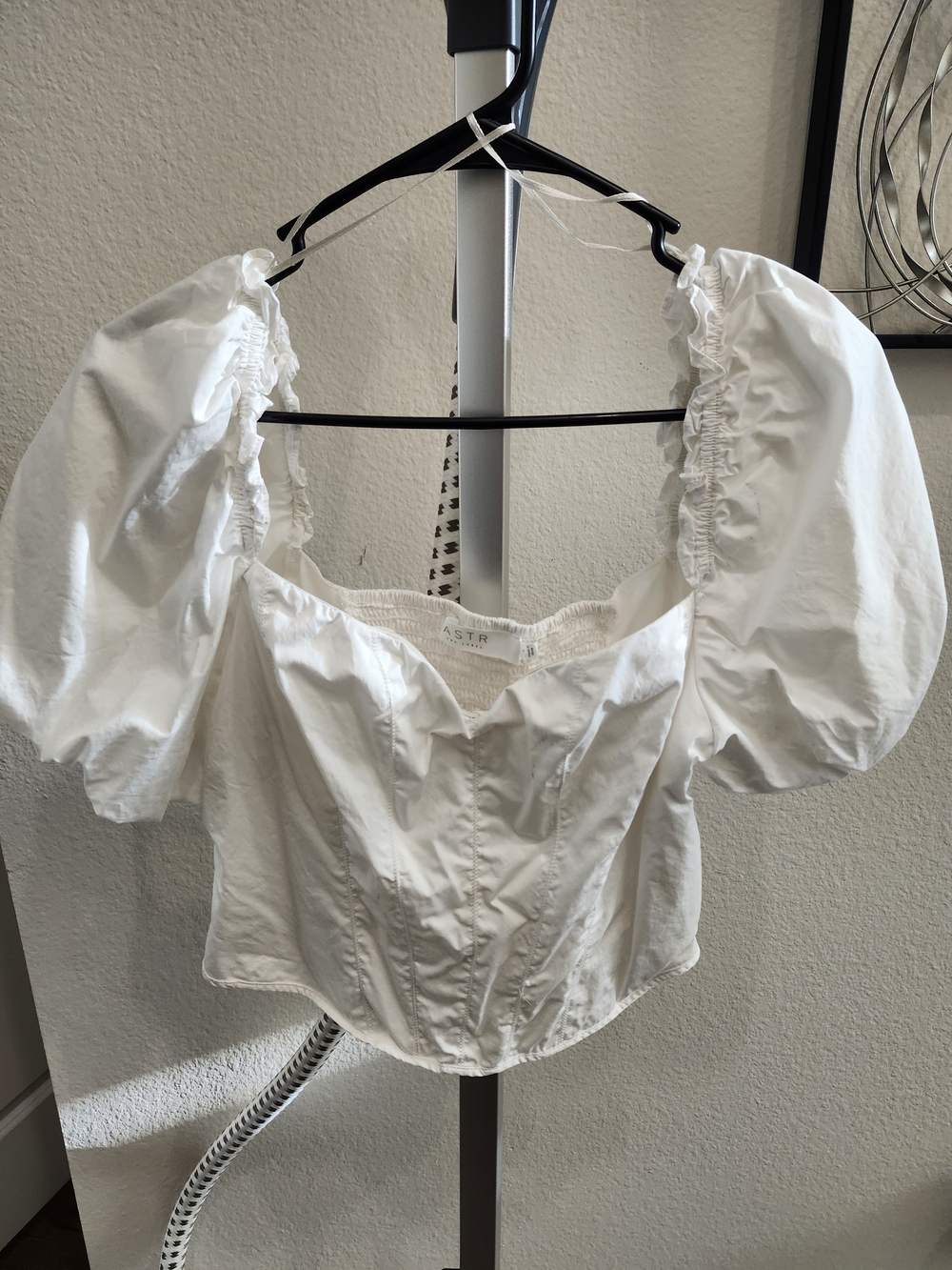 ASTR The Label White Smocked Puff-Sleeve Top (Size L)